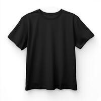 negro camiseta en un percha en un blanco antecedentes foto