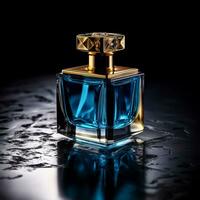 Perfume bottle on a blue background photo