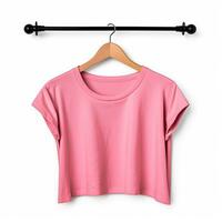 Blank girl pink t-shirt mockup on wooden hanger isolated over white photo