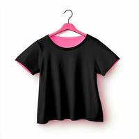 Blank girl pink t-shirt mockup on wooden hanger isolated over white photo