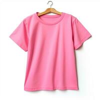 Blank girl pink t-shirt mockup on wooden hanger isolated over white photo