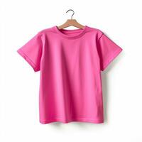 Blank girl pink t-shirt mockup on wooden hanger isolated over white photo