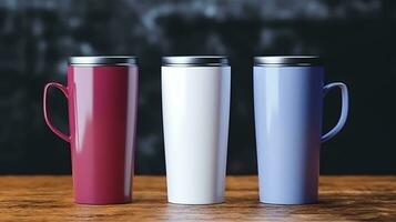 Mug Mockup - Three Colorful Thermos Cups on Table photo
