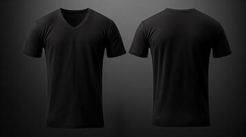 Black T-shirt mockup, front and back view, isolated on black background photo