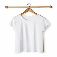 White girls t-shirt on a wooden hanger isolated on white background photo