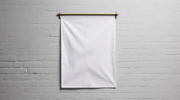 white canvas hanging on a rope on white brick wall background, mock up photo