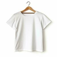 White girls t-shirt on a wooden hanger isolated on white background photo