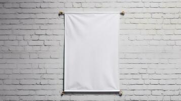 white canvas hanging on a rope on white brick wall background, mock up photo
