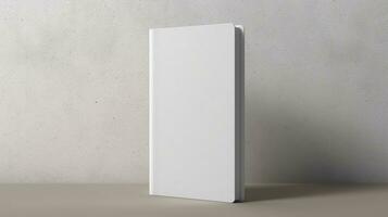 Blank white book cover mockup standing on table photo