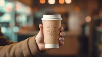 Female hand holding a paper cup of coffee. Close-up. photo