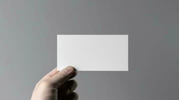 Hand holding a blank business card on a gray background, close up mockup photo
