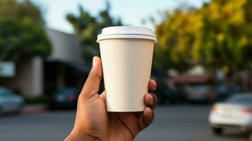 Male hand holding a paper cup of coffee on the blue background. photo