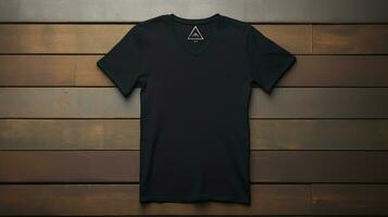 Black t-shirt mockup on wooden background. photo