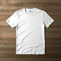 White t-shirt mockup on wooden background photo