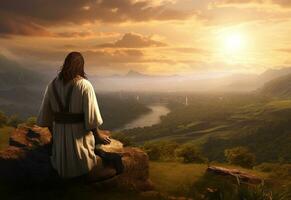 Jesús Cristo en el colinas a puesta de sol en perno realista imagen, ultra alta definición, alto diseño muy detallado 8k foto