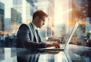 double exposure photo of a business man using laptop on his desk front view office background realistic image, ultra hd, high design very detailed