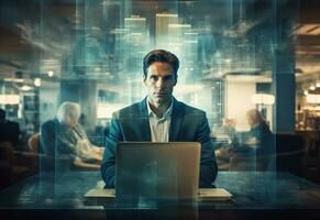 double exposure photo of a business man using laptop on his desk front view office background
