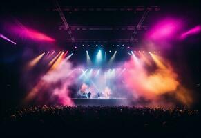 Concert Stage Scenery With Spotlights Colored Lights Smoke photo