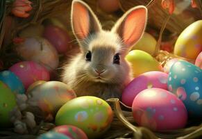 photo happy bunny with many easter eggs on grass festive background for decorative design