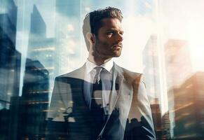 A Double Exposure of a Businessman in the Cityscape Embodies Success and Future Plans photo