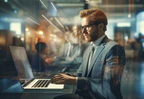 double exposure photo of a business man using laptop on his desk front view office background