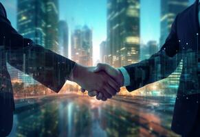 photo american business male people shaking hands skyscrapers in the background