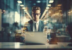 double exposure photo of a business man using laptop on his desk front view office background realistic image, ultra hd, high design very detailed