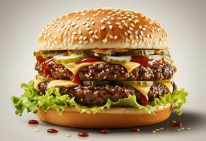 doble hamburguesa aislado en blanco antecedentes Fresco hamburguesa rápido comida con carne de vaca y crema queso realista imagen, ultra alta definición, alto diseño muy detallado foto