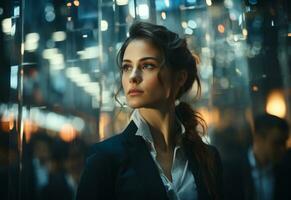 A Double Exposure of a Business women in the Cityscape Embodies Success and Future Plans realistic photo
