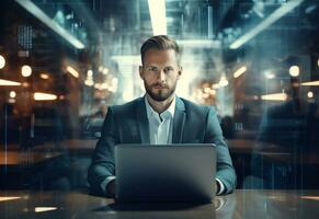 double exposure photo of a business man using laptop on his desk front view office background