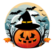 halloween pompoen met heks hoed en vleermuizen png