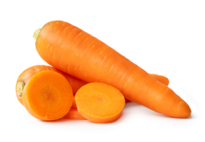 Two fresh orange carrots with slices in stack isolated with clipping path and shadow in png file format, Close up of healthy vegetable root