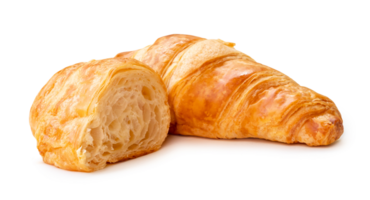 single piece of croissant with half isolated with clipping path and shadow in png file format