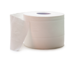 Single roll of white tissue paper or napkin prepared for use in toilet or restroom isolated with clipping path and shadow in png file format.