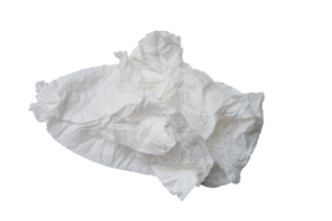 Single screwed or crumpled tissue paper or napkin in strange shape after use in toilet or restroom isolated with clipping path in png file format.