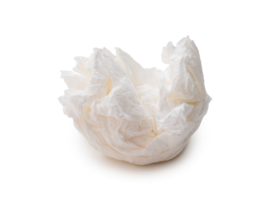 Single screwed or crumpled tissue paper or napkin in strange shape after use in toilet or restroom isolated with clipping path and shadow in png file format.