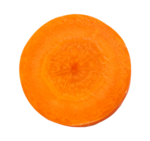 Top view and close up photo of single orange carrot slice isolated with clipping path in png file format