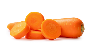 Single beautiful fresh orange carrots with slices in stack isolated with clipping path and shadow in png file format Close up of healthy vegetable root