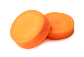 Two fresh beautiful orange carrot slices isolated with clipping path and shadow in png file format Front view.