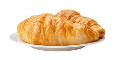 Two pieces of croissant in stack in white plate isolated on white background with clipping path photo