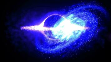 Bright black hole in open space with spinning energy particles, cosmic sphere in blue and purple color glowing abstract background video