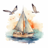 Sailing Boat at Sea. Watercolor Ai Generative png