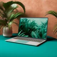 Sleek Laptop Mockup Trendy Background, High Quality and Realistic, Perfect for Marketing photo