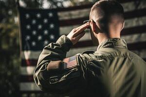 el respeto y honor un cautivador espalda ver fotografía de militar saludando el Estados Unidos bandera, un tributo a patriotismo y sacrificio generativo ai foto