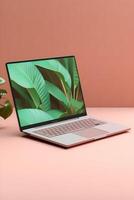 Sleek Laptop Mockup Trendy Background, High Quality and Realistic, Perfect for Marketing photo