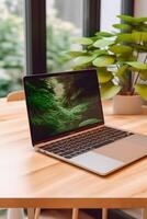 Sleek Laptop Mockup Trendy Background, High Quality and Realistic, Perfect for Marketing photo