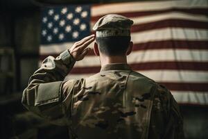 el respeto y honor un cautivador espalda ver fotografía de militar saludando el Estados Unidos bandera, un tributo a patriotismo y sacrificio generativo ai foto