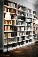 pulcro y sofisticado un contemporáneo estante para libros con un elegante diseño, exhibiendo un fotorrealista fondo de un estudiar lleno con libros generativo ai foto