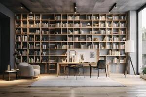 Sleek and Sophisticated A Contemporary Bookshelf with an Elegant Design, Showcasing a Photorealistic Backdrop of a Study Filled with Books photo