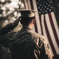 el respeto y honor un cautivador espalda ver fotografía de militar saludando el Estados Unidos bandera, un tributo a patriotismo y sacrificio generativo ai foto